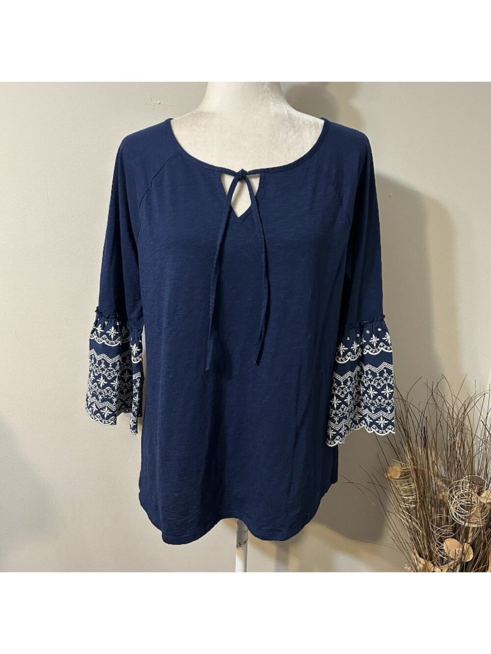 St. John's Bay Women Top Navy Blue Bell Sleeves Embroidered Round Tie Neck Sz L